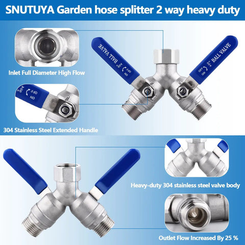 Heavy Duty 2 Way Garden Hose Splitter With Full Flow Y Valve And Long Handle, 304 Stainless Steel Lead Free 3/4 GHT Thread Water Splitter For Outdoor Hoses, Maximum Flow And Durable Build on 304 stainless steel body with blue handles