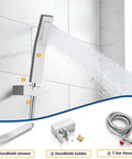 Polished Chrome Rain Shower System With 8-Inch Square Rain Shower Head and Handheld Sprayer, Wall-Mount Design shown in bathroom
