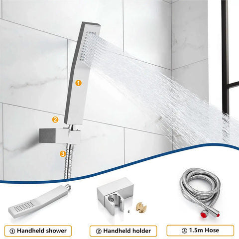 Polished Chrome Rain Shower System With 8-Inch Square Rain Shower Head and Handheld Sprayer, Wall-Mount Design shown in bathroom