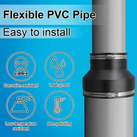 2 Pack Flexible PVC Reducing Pipe Couplings 6 Inch To 4 Inch With Stainless Steel Clamps For DWV Pipes Universal Fit Fits Cast Iron Plastic Copper Steel DIY Friendly No Sweat Install flexible PVC pipe coupling on DWV pipe