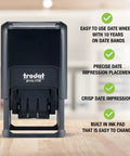 Self Inking Date Stamp Prints Bold Red Dates And Crisp Blue Text To Keep Office Files And Invoicing Totally Streamlined So You Never Have To Sweat Paperwork Again, front view, compact size.