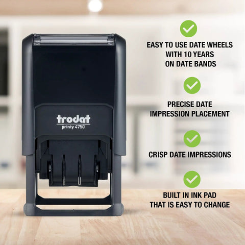 Self Inking Date Stamp Prints Bold Red Dates And Crisp Blue Text To Keep Office Files And Invoicing Totally Streamlined So You Never Have To Sweat Paperwork Again, front view, compact size.