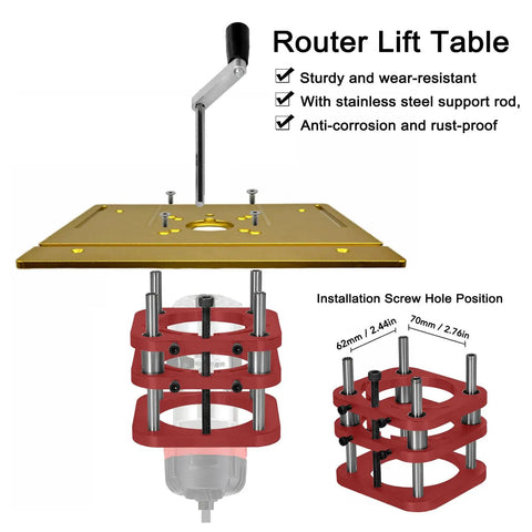 Rock Solid Router Base With Aluminum Alloy Frame And Stainless Steel 4 Jaw Clamping System Lifting Router Table Base With 51mm Stroke For Woodworking Trimming And Carving Machines Precision Easy Setup, gold router lift table with handle