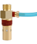 Front view of brass air compressor check valve with 1/2 in MNPT threads and blue hose attached.