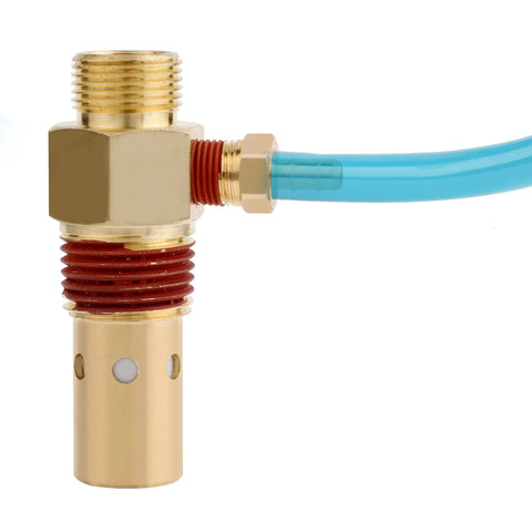 Front view of brass air compressor check valve with 1/2 in MNPT threads and blue hose attached.