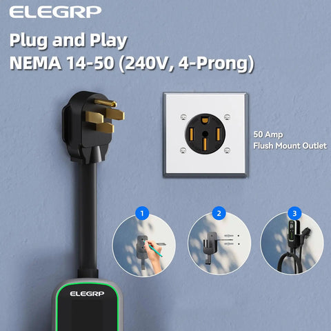 Level 2 EV Charger 40 Amp Portable J1772 Electric Car Charger showing NEMA 14-50 Plug and installation steps
