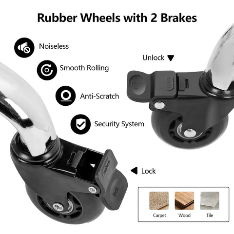 Lockable Rolling Stool With Quiet Rubber Wheels And Footrest; close-up showing unlock and lock brake feature on wheels.