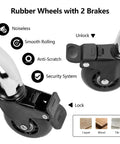 Close-up of rubber wheels with brakes on Lockable Boss Ergonomic Rolling Stool With Backrest And Foot Rest, 24-31 inches, black.