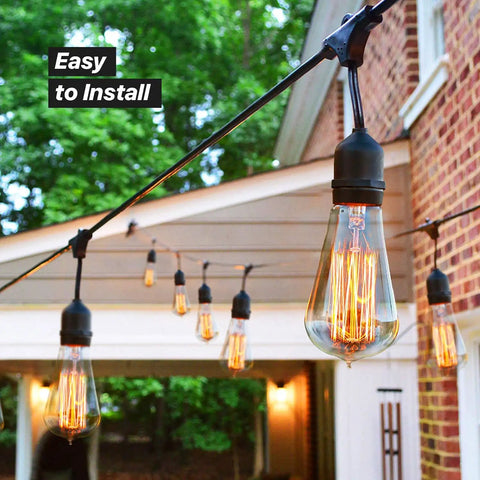 48 Ft Outdoor String Lights With 15 Vintage Filament Bulbs Dimmable Warm White Patio Lights strung across porch