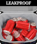 Open Insulated Picnic Backpack Cooler Tote Large 12x9x10 Inch Main Compartment showing ice and red soda cans, leakproof design.