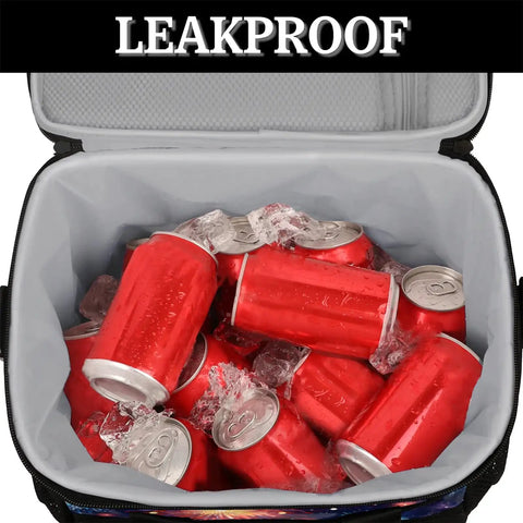 Open Insulated Picnic Backpack Cooler Tote Large 12x9x10 Inch Main Compartment showing ice and red soda cans, leakproof design.