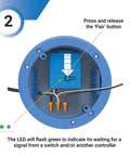 Diagram showing the setup process for the 10A On Off Wireless Light Switch Controller UL ETL Listed Easy Install with pairing instructions.
