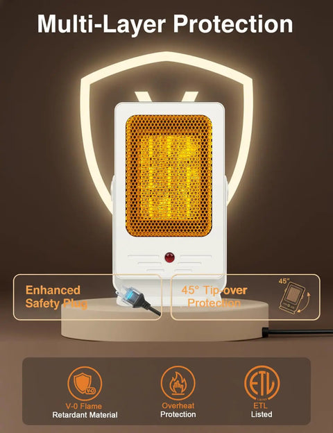 Portable Indoor Space Heater That Heats Up Fast With 2 Second Rapid Heat From PTC Ceramic Tech 60 Degree Adjustable Angle