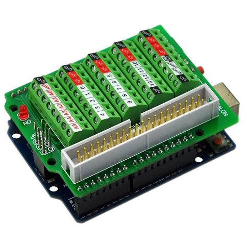 Arduino Screw Terminal Block Breakout Module For Uno R3 Soldered And Ready To Use 3 5mm Pitch Fits 26 AWG To 16 AWG Wires M2 Screws 40 Pin IDC Header Perfect For Quick Prototyping And Clean Wiring On Your Projects with green circuit board and labeled terminals