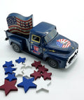 Blue All American Patriotic Metal Pickup Truck Ornament For Tiered Tray Decor And Tabletop Centerpiece with stars and USA flag detail.