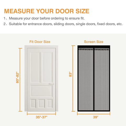 Diagram showing door and screen sizes for Magnetic Screen Door For Doors Up To 37 By 82 Inches, Self Sealing Mesh Magnetic Closure.