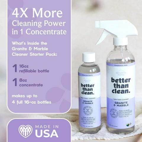 Plant Based Natural Stone Cleaner Starter Pack For Marble And Granite Countertops Showers Floors And More Fragrance Free Kid And Pet Friendly Safe For Sensitive Skin, featuring 16oz refillable bottle and 8oz concentrate.