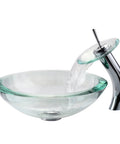 Clear Edge Glass Vessel Sink In Satin Nickel Finish, Above Counter Vessel Design with Waterfall Faucet, Tempered Glass