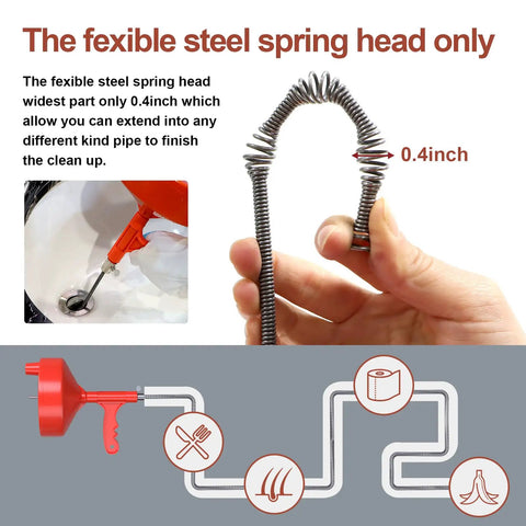 Close-up of 25ft Heavy Duty Drain Auger Plumbing Snake With Drill Adapter For Sink showing flexible steel spring head design 0.4 inch