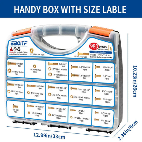 Heavy Duty Grade 8 Hex Bolts And Nuts Assortment Kit 980 Piece Set with size label on clear storage box.