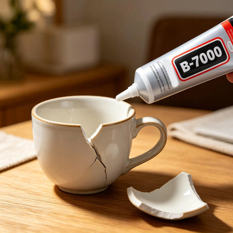 Heavy Duty Clear Industrial Glue Delivers A Hella Tough Bond And Precision Needle Tip For Jewelry Rhinestone Crafts Cell Phone Screen Repairs And Smooth Diy Projects applied to a cracked white ceramic cup for repair.