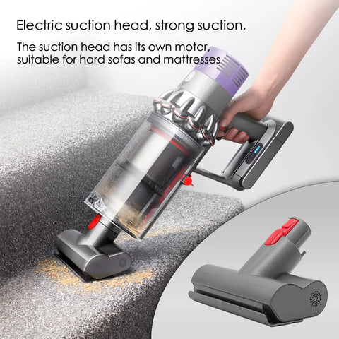 Mini Motorized Vacuum Attachment For Dyson V7 V8 V10 V11 V15 Cordless Stick Vacuums in use on a gray couch.