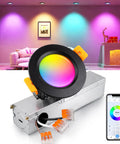 2 Inch Smart LED Recessed Lighting, 5W RGB Color Changing WiFi Downlight with colorful light and LED driver in modern setting.