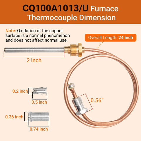 CQ100A1013/U furnace thermocouple set, copper coil with 24-inch length and brass fittings; 2-pack
