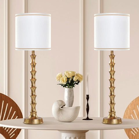 Gold Buffet Lamps Set Of 2 Tall Skinny Candlestick Style Lamps For Living Room And Dining Room on a white table