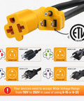 Built Tough 10 Ft Ac Power Adapter Cord 15 To 20 Amp Nema 5 15P To 5 15R 5 20R 6 15R 6 20R T Blade Splitter plug details.