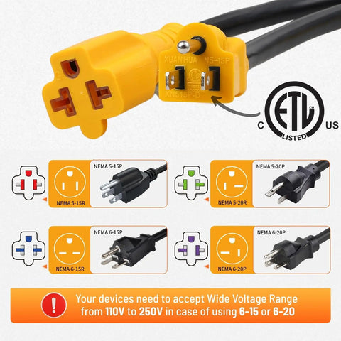 Built Tough 10 Ft Ac Power Adapter Cord 15 To 20 Amp Nema 5 15P To 5 15R 5 20R 6 15R 6 20R T Blade Splitter plug details.