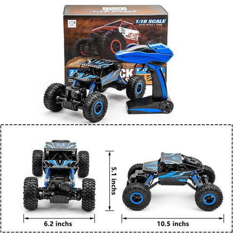 One Eighteen Scale Rock Crawler Remote Control Car With Four Wheel Drive And Two Point Four GHz Off Road Monster Truck Dual Battery Setup Blue Finish For Rugged Trails Pebbles And Dirt shown with remote and dimensions