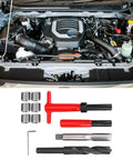 M16x2 Stainless Steel Thread Repair Kit, 11 Piece Set With Twist Drill, Tap Wrench, Hex Wrench, and Engine in Background
