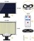 Outdoor Solar Flood Lights With Motion Sensor, 106 LED 3000LM, 16.5Ft Cable, remote, and mounting kit shown in detail