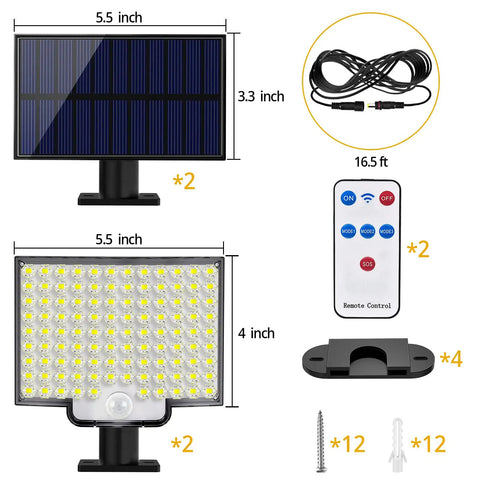 Outdoor Solar Flood Lights With Motion Sensor, 106 LED 3000LM, 16.5Ft Cable, remote, and mounting kit shown in detail
