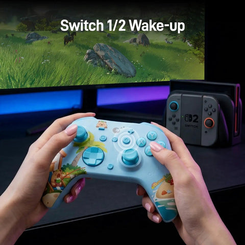 Hands holding Grab This Limited Edition Starsand Island Collab Wireless Pc Controller Featuring Blazing Fast Three Point Two Five Millisecond Latency Tmr Joysticks For Pro Level Esports Gaming With Cool Light Blue Gradient Shell And Adorable Capybara Artwork in front of gaming screen.