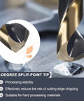Close-up of a gold and black high-speed steel drill bit with a 135-degree split-point tip
