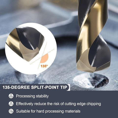 Close-up of a gold and black high-speed steel drill bit with a 135-degree split-point tip