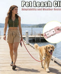 Woman walking dog on dock, showcasing heavy duty pet leash clip; Six Pack 304 Stainless Steel Rope Clamps With Thimble Fittings visible.