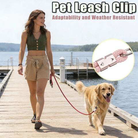 Woman walking dog on dock, showcasing heavy duty pet leash clip; Six Pack 304 Stainless Steel Rope Clamps With Thimble Fittings visible.