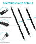 Three Piece Flexible Drill Bit Extension Set With Magnetic Hex Drive Soft Shaft And Hand Drill Adaptor shown with dimensions 9.8", 11.6", and 15.4" and hex shank details for easy access in tight spots.