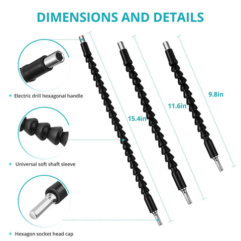 Three Piece Flexible Drill Bit Extension Set With Magnetic Hex Drive Soft Shaft And Hand Drill Adaptor shown with dimensions 9.8", 11.6", and 15.4" and hex shank details for easy access in tight spots.