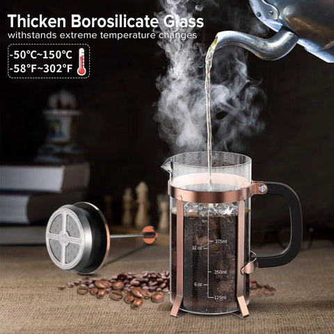 Stainless Steel French Press Coffee Maker With Borosilicate Glass Carafe Copper Finish 21 Ounce Capacity Four Level Filter.