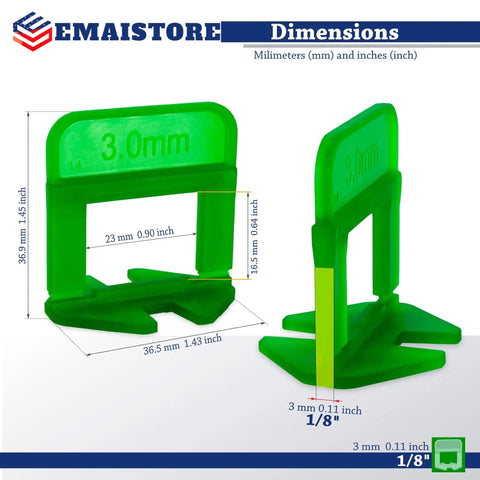 Premium Tile Leveling System With 1/8 Inch Spacers featuring green 3.0mm ergonomic clips for seamless floor and wall tile installation.