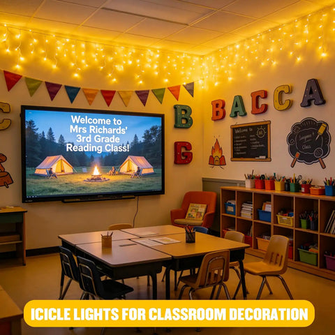 Warm White Icicle Christmas Lights Outdoor Indoor 400 LED With 80 Drops About 48Ft Copper Wire in a classroom setting