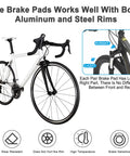 2 Pairs Premium Bike Brake Pads for Road Caliper Brakes 50mm Includes Allen Wrench Durable Nitrile Rubber Pads for Aluminum and Steel Rims Smooth Braking and Long Lasting Performance displayed on a road bike with labeled features.