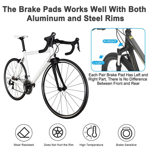 2 Pairs Premium Bike Brake Pads for Road Caliper Brakes 50mm Includes Allen Wrench Durable Nitrile Rubber Pads for Aluminum and Steel Rims Smooth Braking and Long Lasting Performance displayed on a road bike with labeled features.
