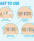 Emergency wound closure kit 2-pack; four-step diagram showing adhesive strips, closure device, and scissors