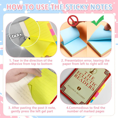 Instructions for using Seven Size Sticky Notes and Tabs Set with Multicolor Neon Index Tabs, showing proper and improper tearing techniques.