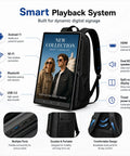 Step Up Your Promo Grind With This 21.5 Inch Lcd Touchscreen Ad Backpack Running Android Eleven with Smart Playback System.